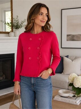 J.Crew Fuchsia Pink Ruffle Cardigan | XL | 100% Cotton